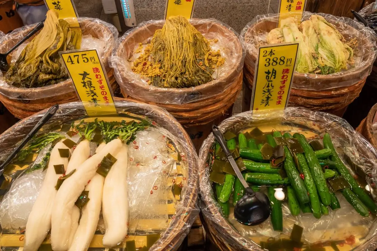 Kyoto, Japan - November 21, 2019: Nishiki market - pickled veggies.