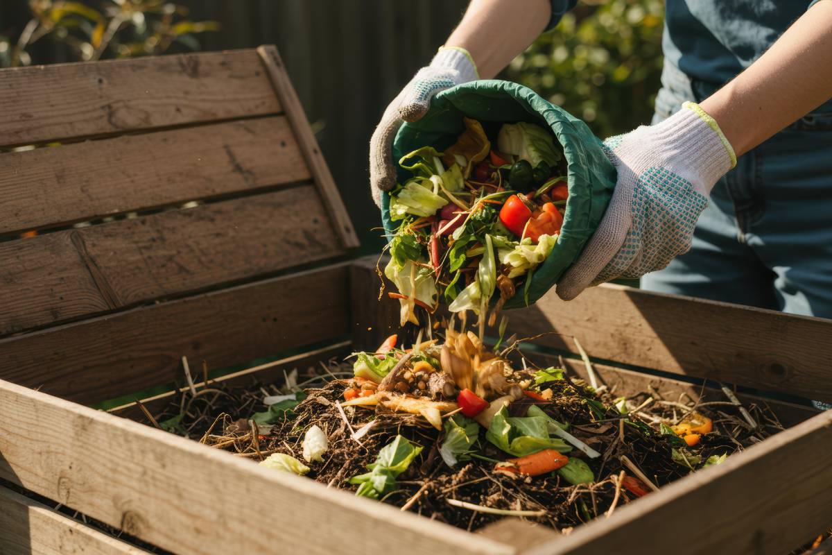 A person of mixed ethnicity is adding vegetable scraps to a wooden compost bin in a backyard garden. The sun shines brightly as they promote sustainable gardening practices.