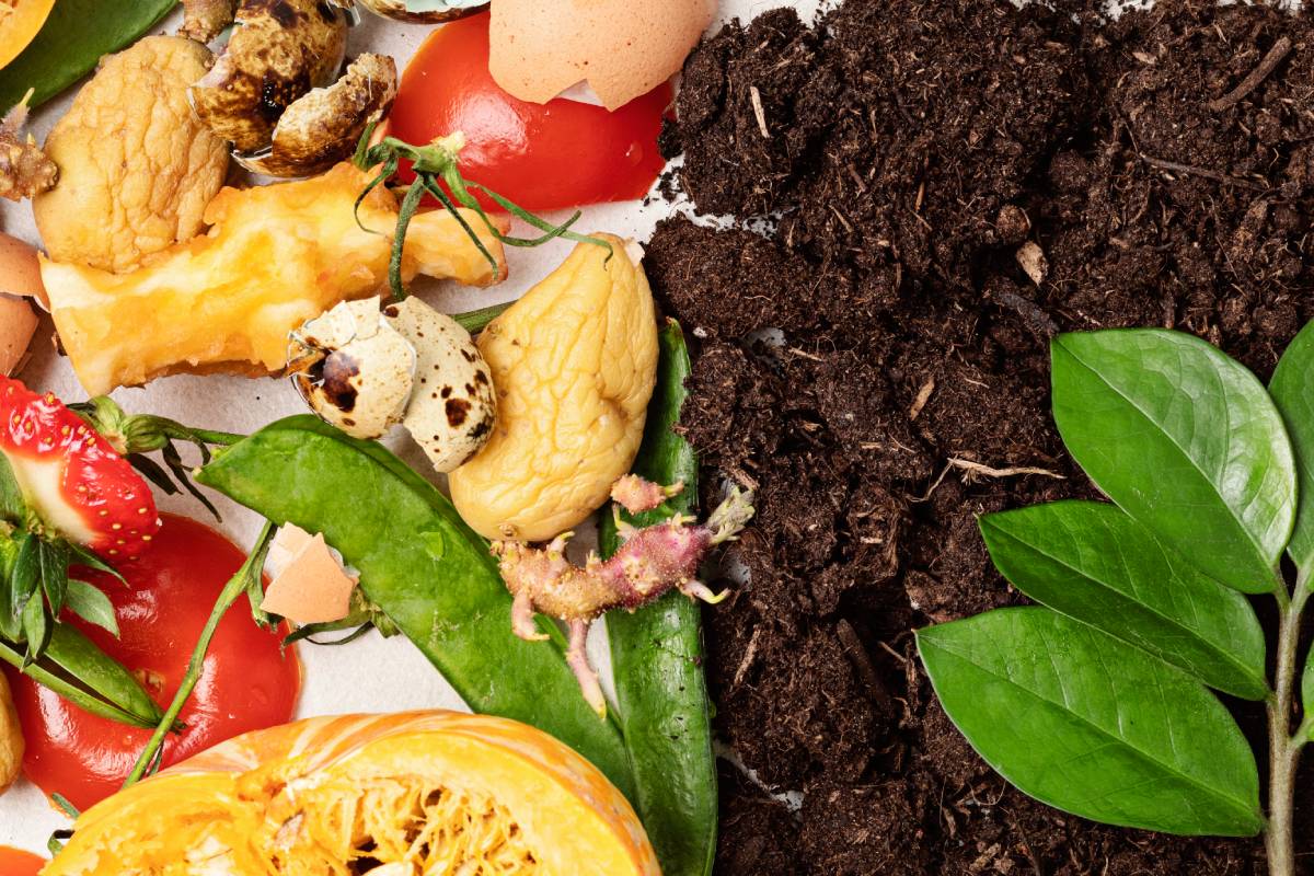 Food leftovers for compost and composted soil. Recycling scarps, sustainable and zero waste lifestyle concept. Fruits and vegetable garbage waste turning into organic fertilizers. Top view, flatlay