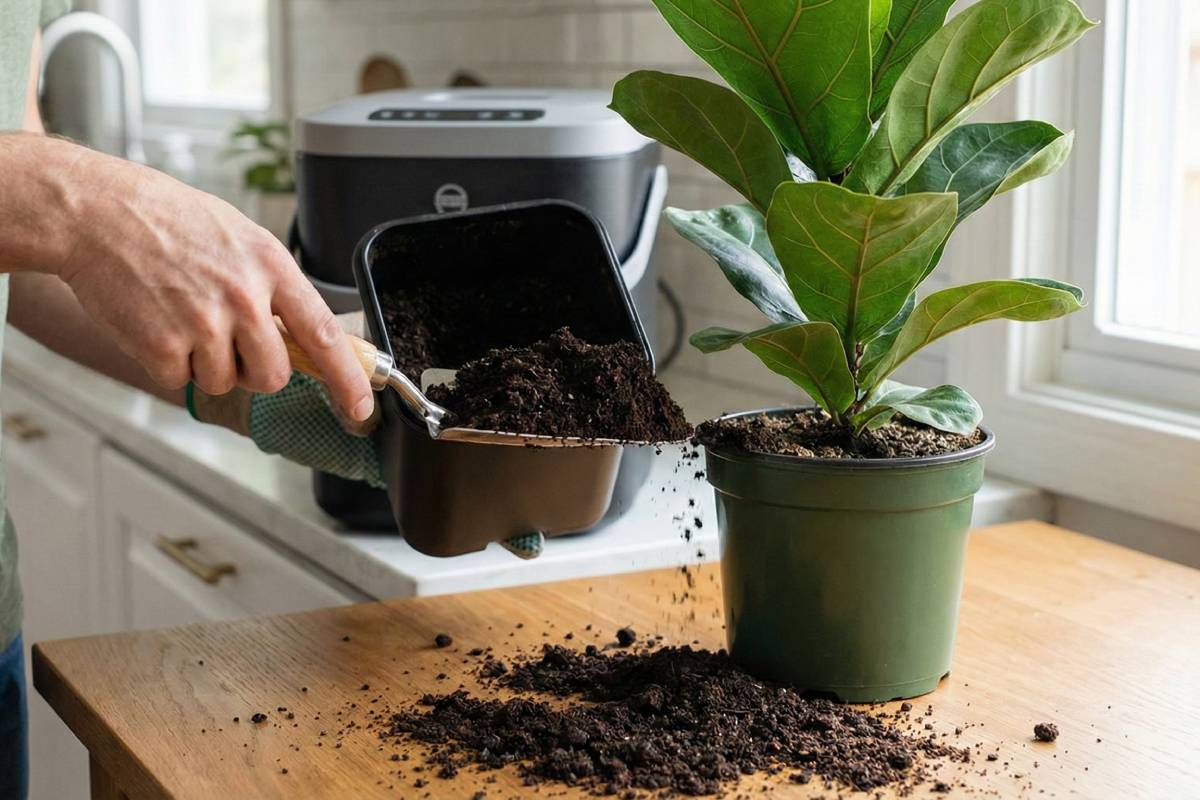A hand is scooping fertilizer