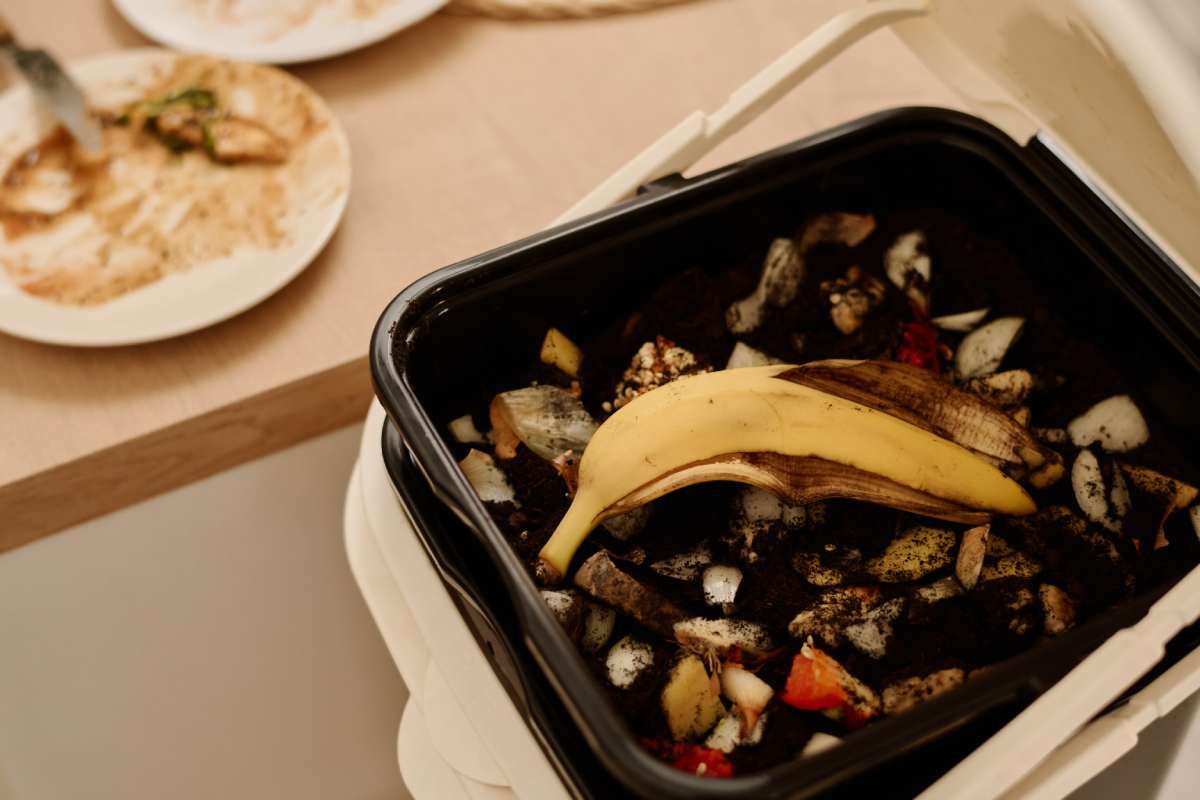 High angle of open trash bin with banana peel lying on top of heap of organic food leftovers standing by kitchen counter