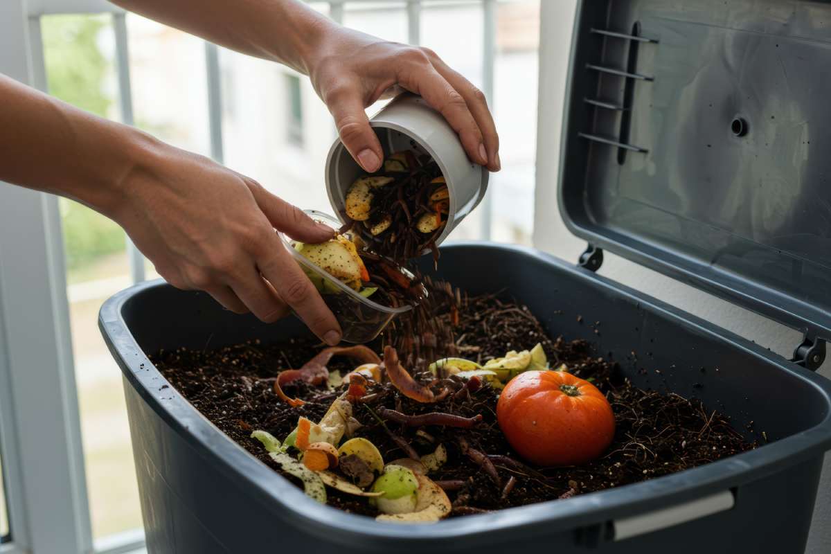 A person adds vegetable scraps to a compost bin at home, promoting sustainable living and environmental care. This activity enriches the soil for gardening and reduces landfill waste.