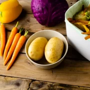 Vegetable scraps collected in a kitchen bin